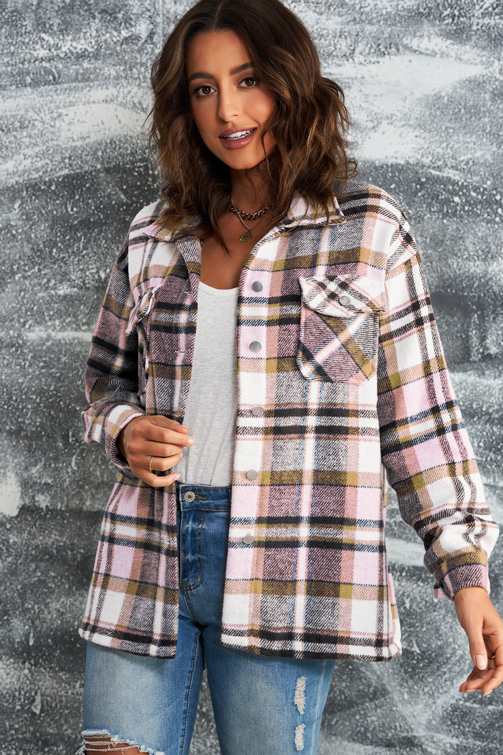 1e18da3183af4f66a6ce8d1f232fff42-Max Plaid Button Front Shirt Jacket with Breast Pockets - Image 7