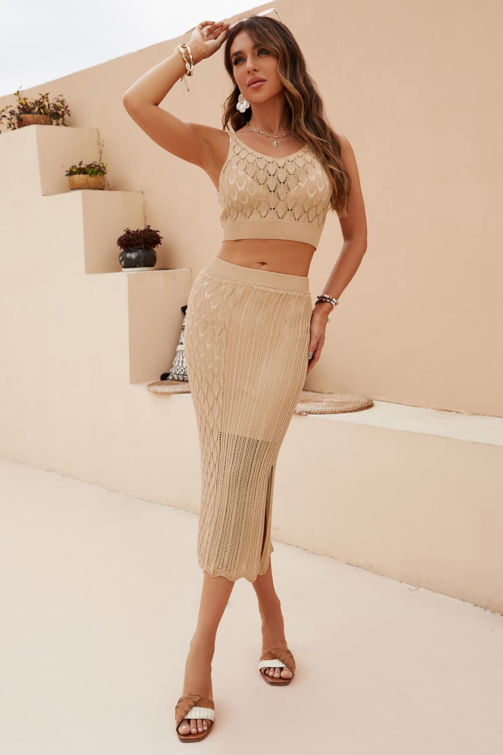 267be2b3bc3a46528ee30251b406b9ca-Max Openwork Cropped Tank and Split Skirt Set - Image 3