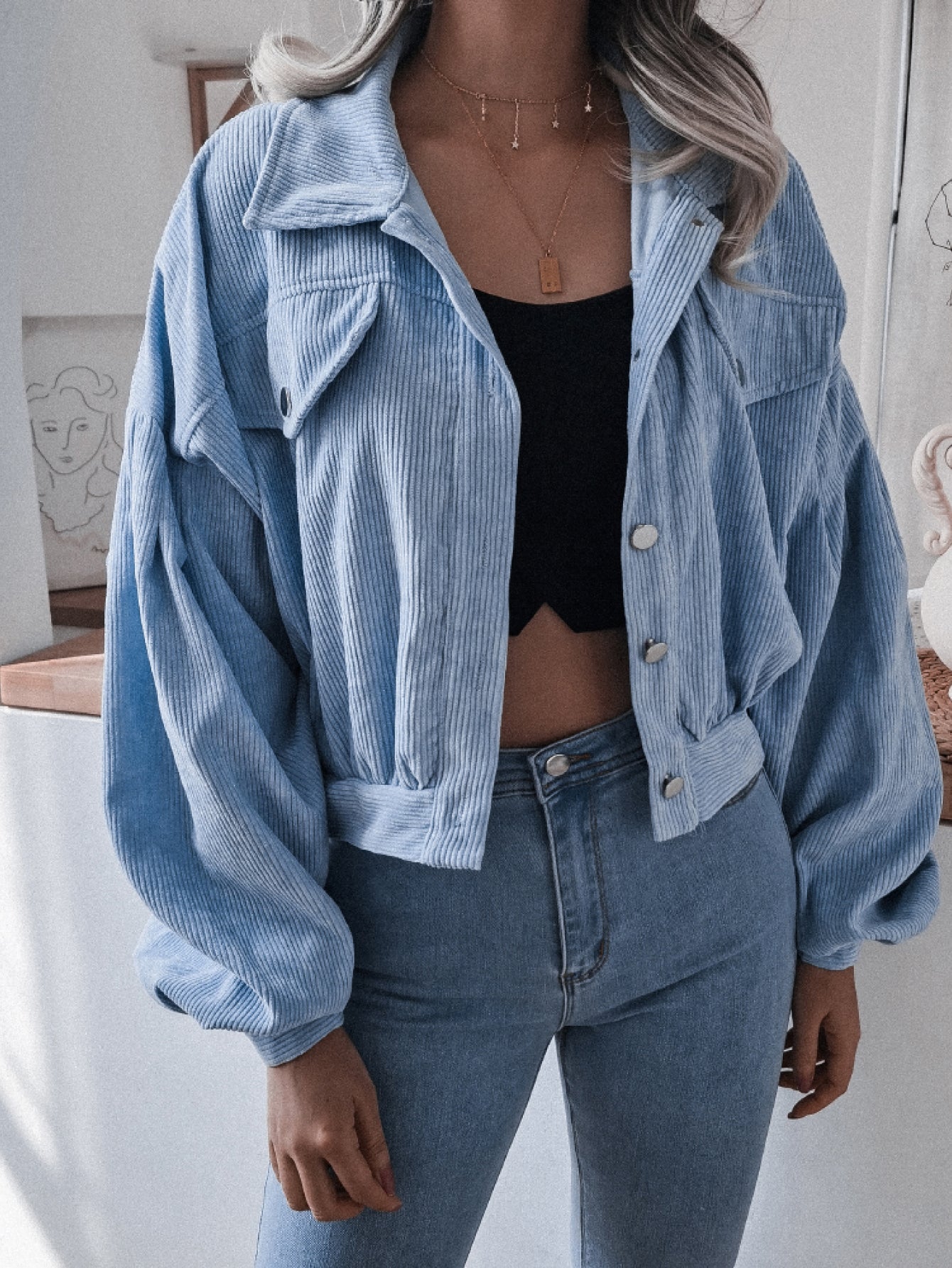 2d13b3ec8019437e9787fa725a3b4dbd-Max Lantern Sleeve Cropped Corduroy Jacket - Image 2