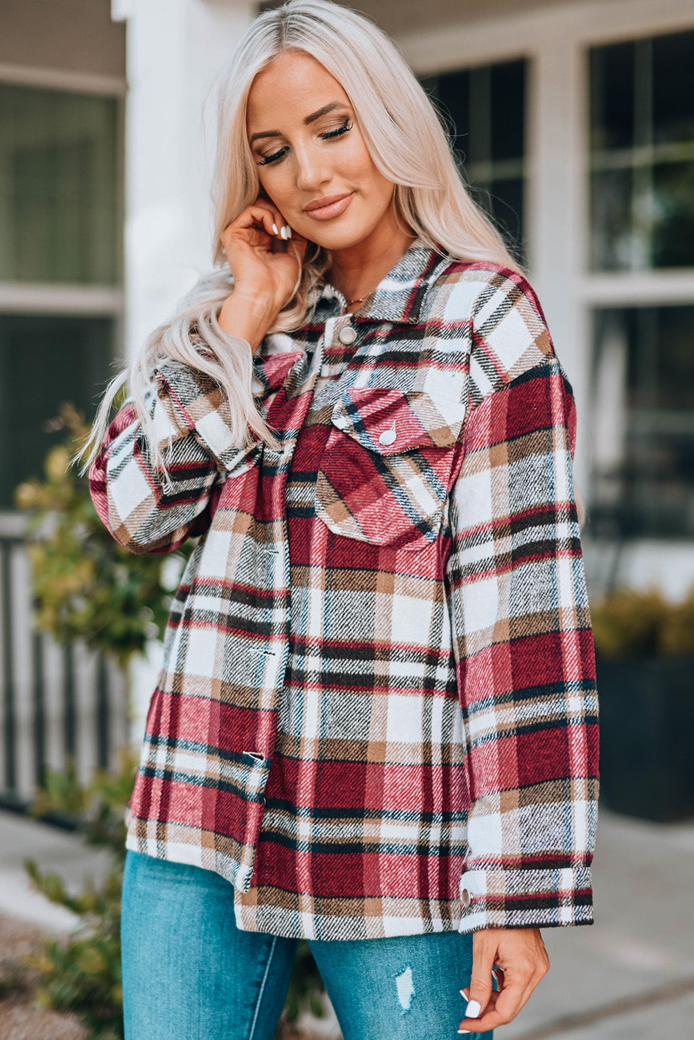 30b6c92d32c04a6da5ebdbca18bf51a5-Max Plaid Button Front Shirt Jacket with Breast Pockets - Image 10
