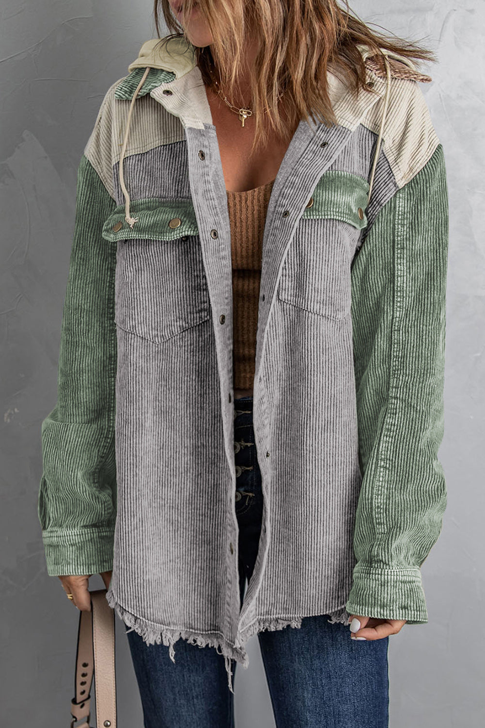 3b67876e01554eafbbcfad932ee046ed-Max Snap Front Hooded Corduroy Shacket - Image 3