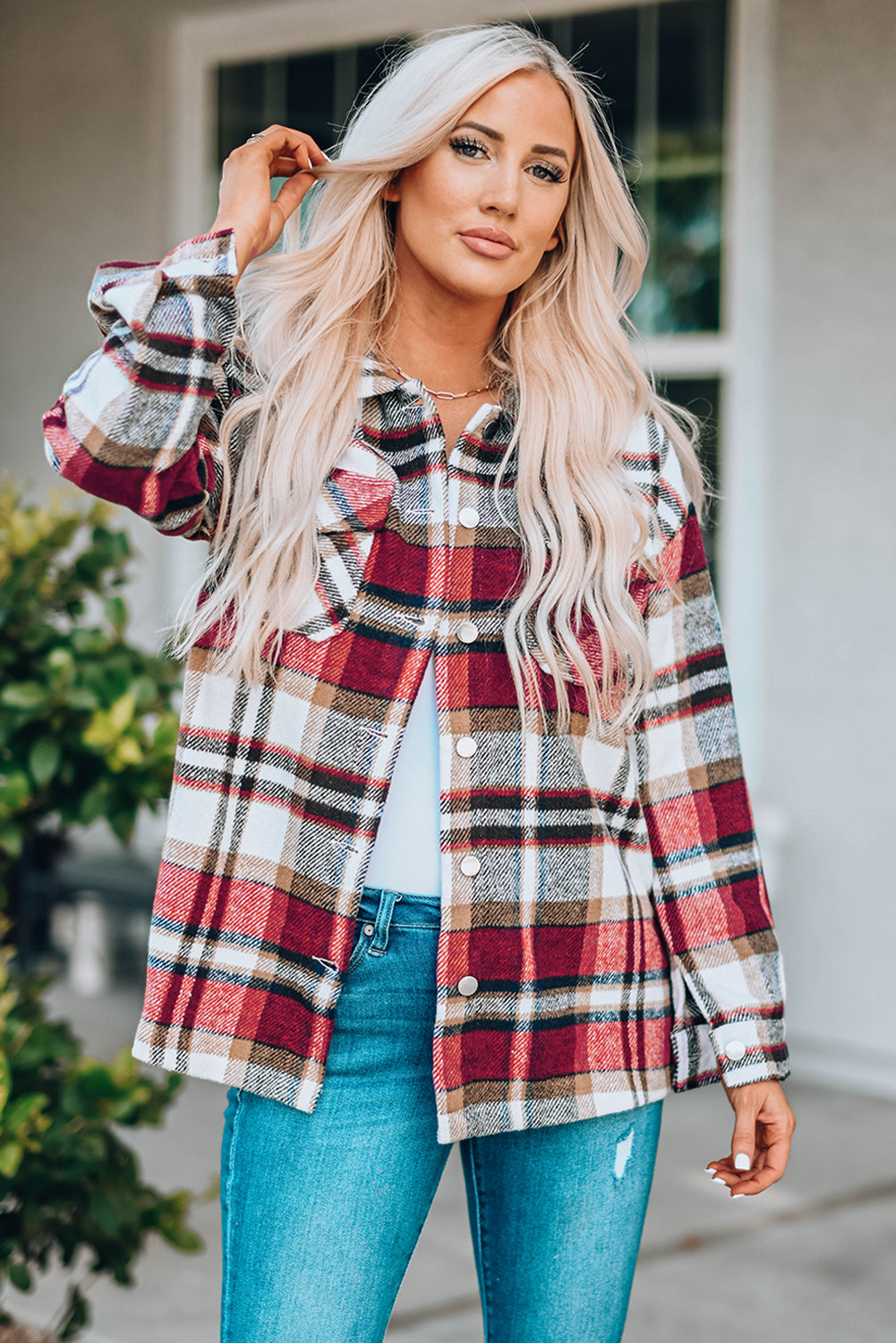3db63d6701c2476c9905516ca44c38d5-Max Plaid Button Front Shirt Jacket with Breast Pockets - Image 17