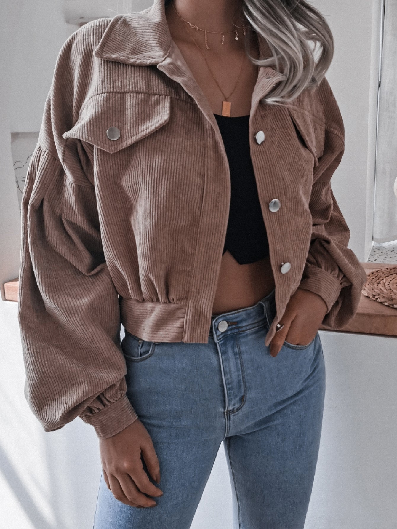 5deef02b0dbe40ebacdcb1552a08af52-Max Lantern Sleeve Cropped Corduroy Jacket - Image 5