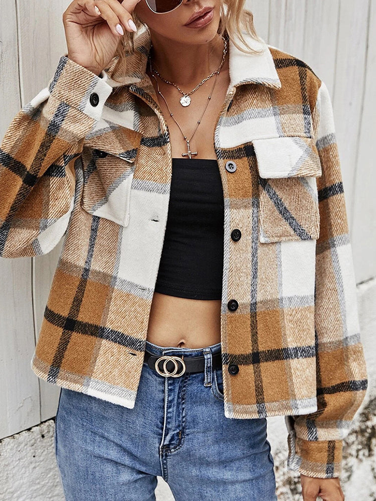 5e3ea15c8f9a439d97e006ff3f75c749-Max Plaid Collared Neck Jacket with Breast Pockets