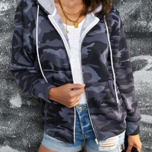 Camouflage Drawstring Detail Zip Up Hooded Jacket