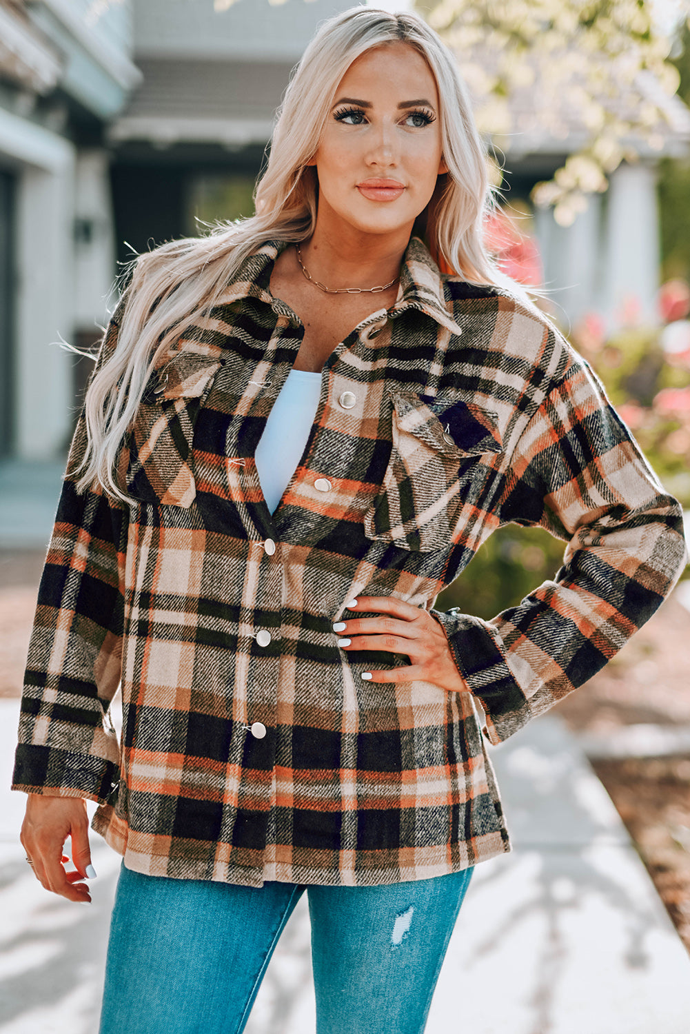 699a6e45adfa4811b8a7952567cd1f18-Max Plaid Button Front Shirt Jacket with Breast Pockets - Image 14