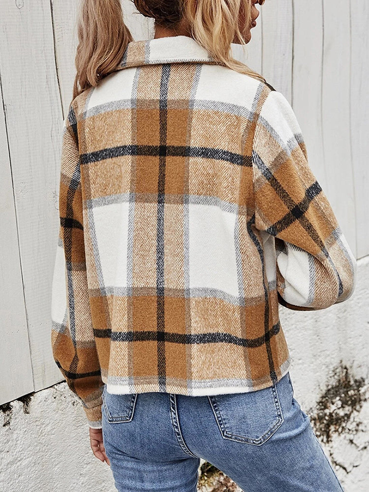 6e09e2f5e0e54d70b4ee138102fdd8eb-Max Plaid Collared Neck Jacket with Breast Pockets - Image 2