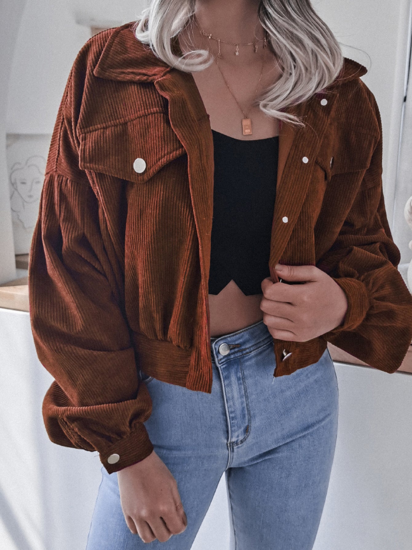 711e287aeafb4dffaa7b836e2cb9ab6d-Max Lantern Sleeve Cropped Corduroy Jacket - Image 11