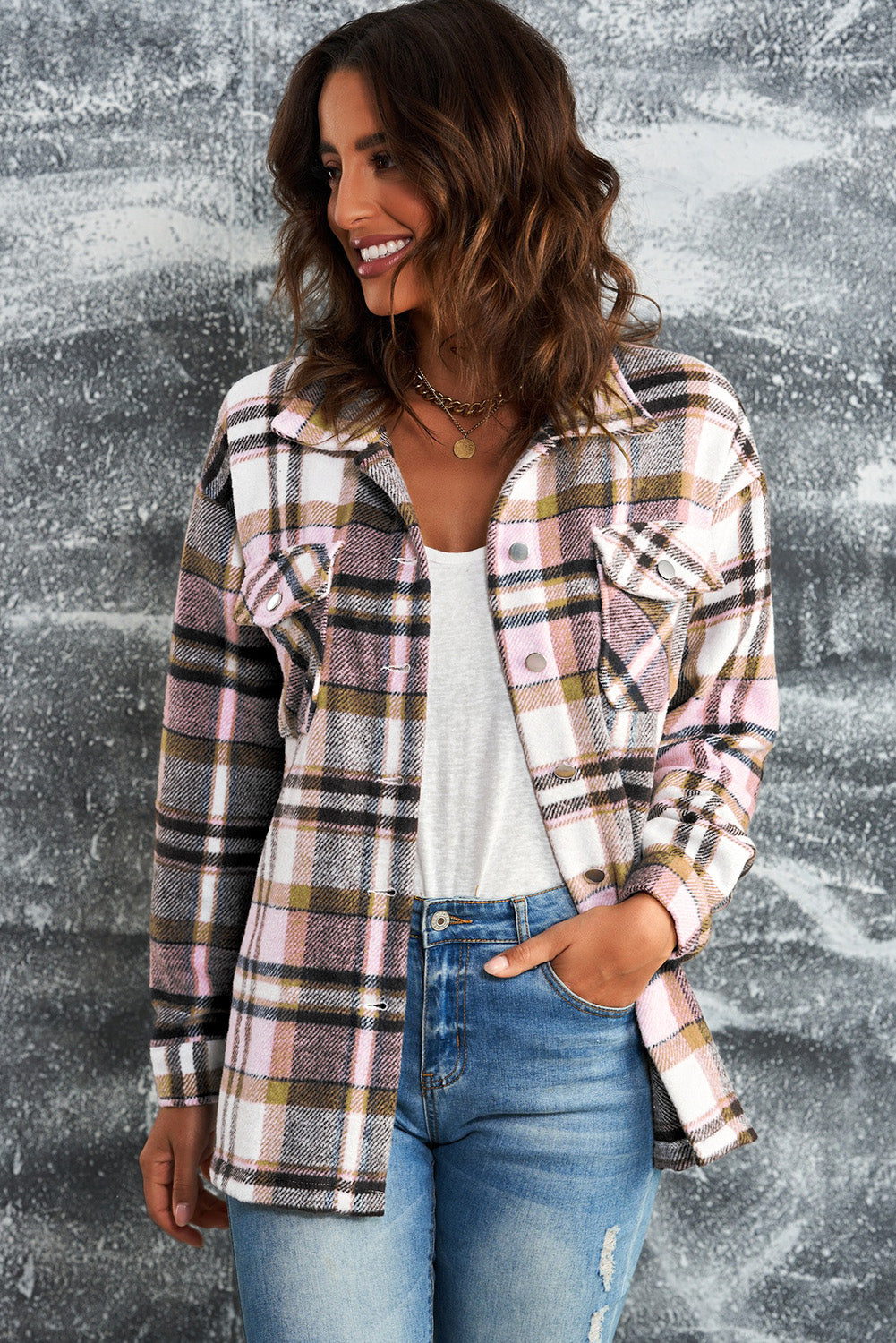 8f04af3ccb514cbdb00e648d60daf409-Max Plaid Button Front Shirt Jacket with Breast Pockets - Image 5
