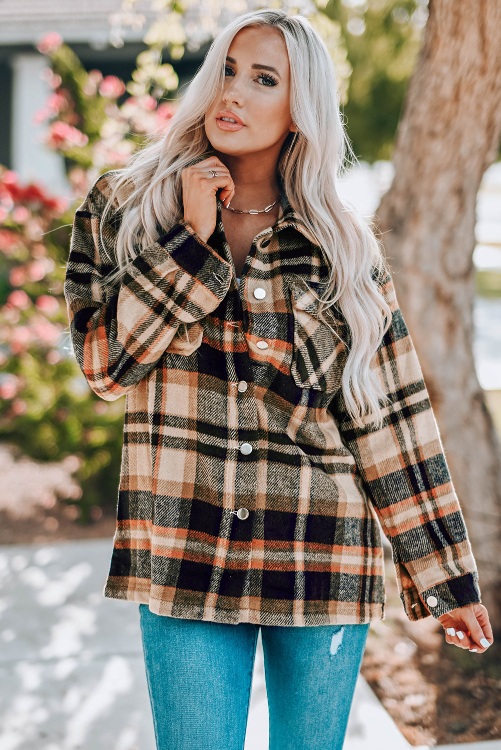 c1d5e524c1834356918f9ec935331d9d-Max Plaid Button Front Shirt Jacket with Breast Pockets - Image 12