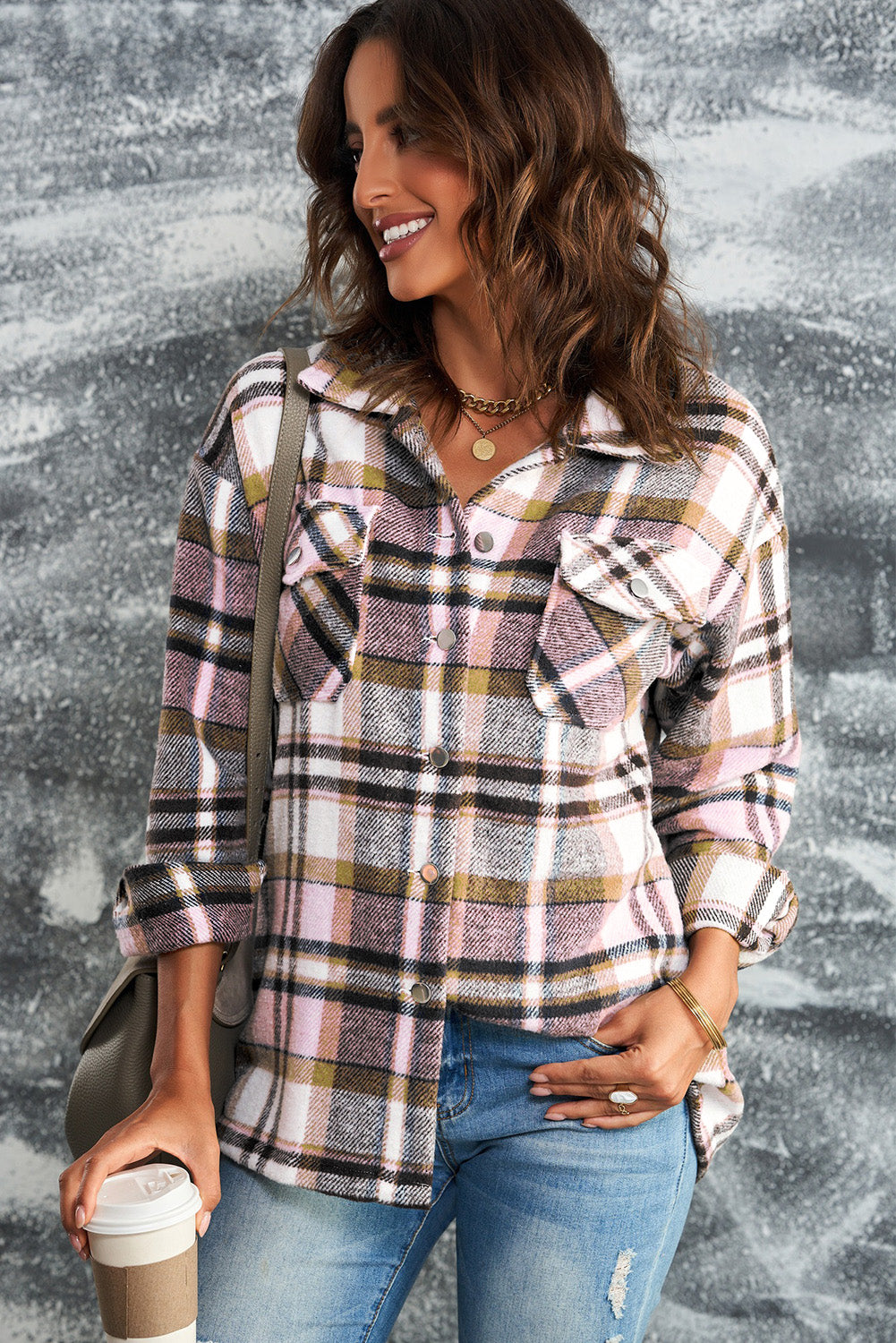 cd15e7b33b0b421ca740ac24a0ee96bb-Max Plaid Button Front Shirt Jacket with Breast Pockets - Image 8