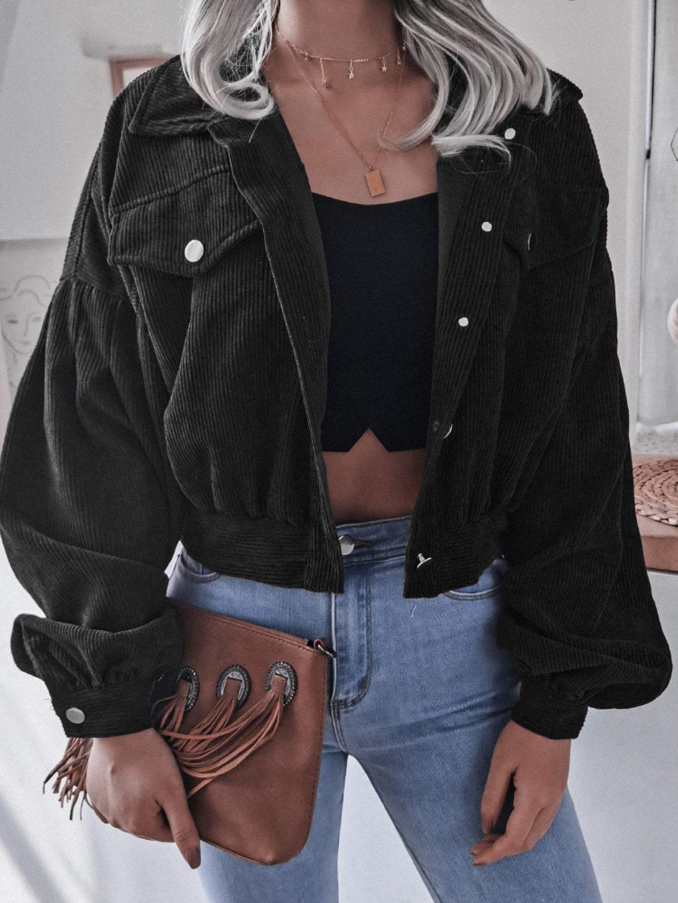 d3733ca531c74609a0319e2129618993-Max Lantern Sleeve Cropped Corduroy Jacket