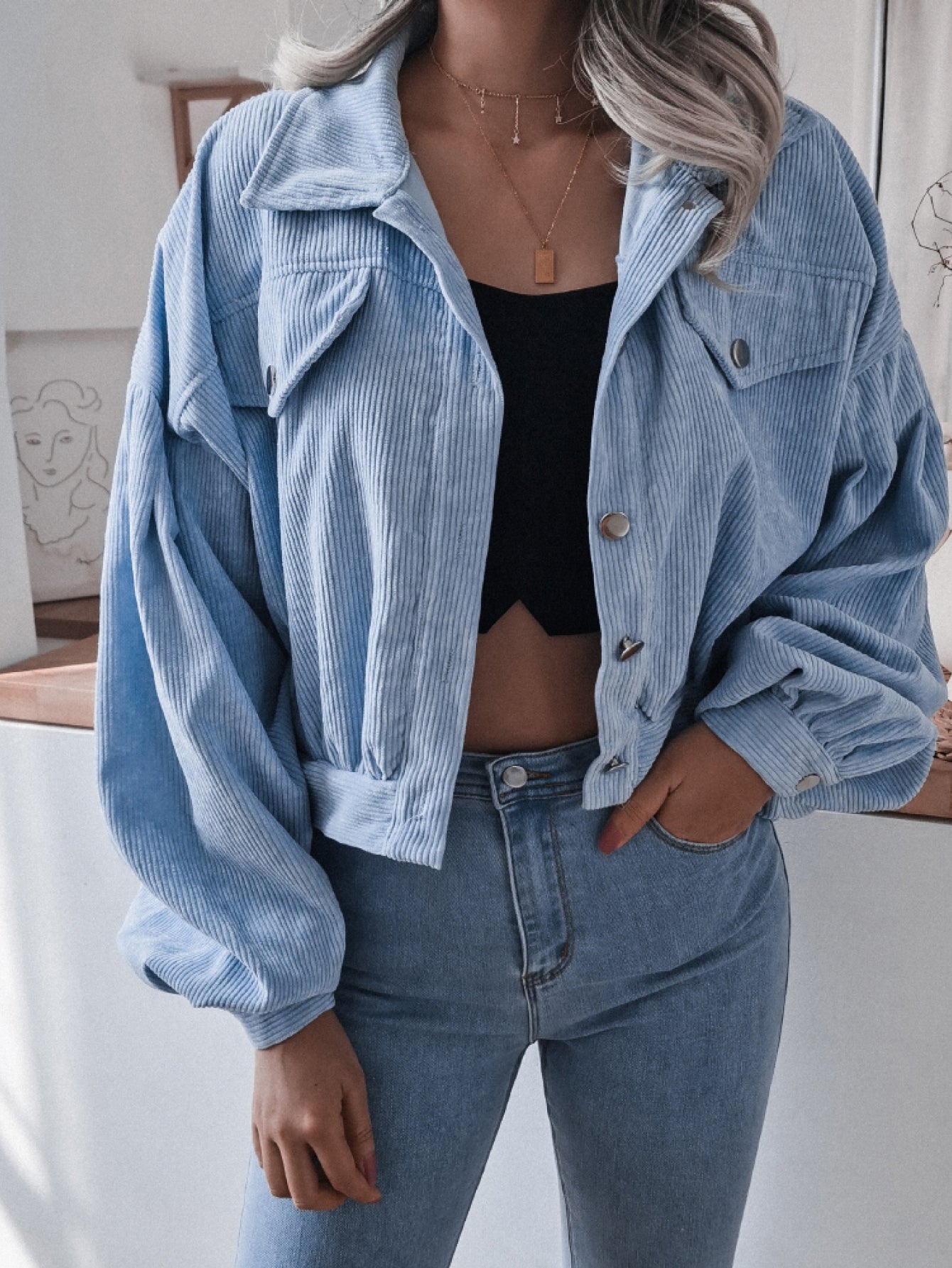 d75e205bd86f41b9976d50638f242c96-Max Lantern Sleeve Cropped Corduroy Jacket - Image 3