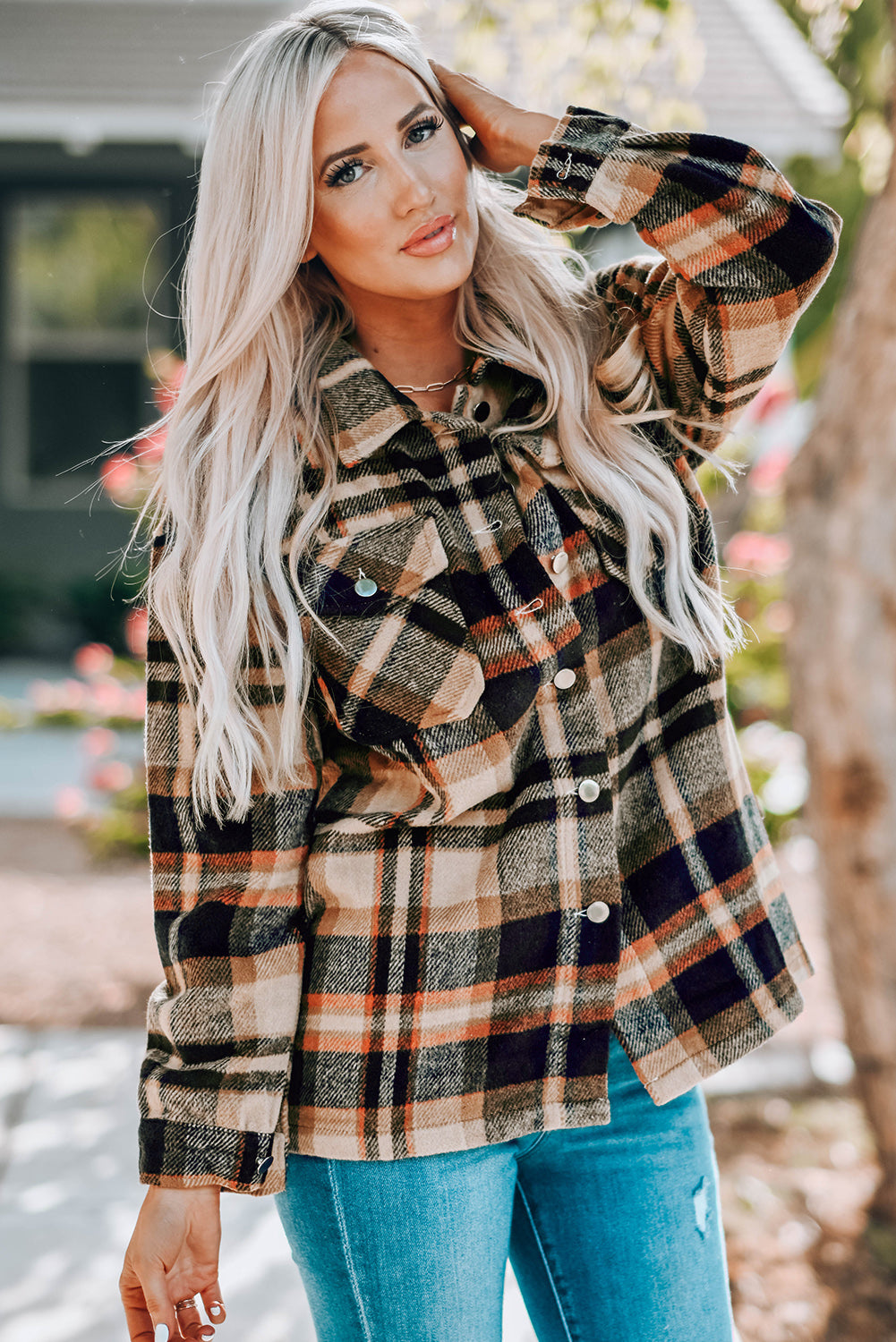 ecbbe726a09f486fb982e9047b1a60c7-Max Plaid Button Front Shirt Jacket with Breast Pockets - Image 13