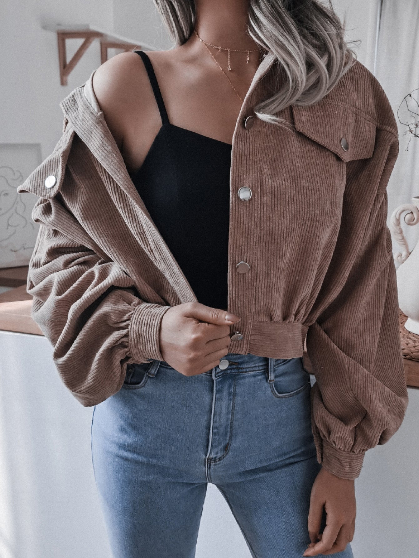 fac4903e25684446a630099c02e42830-Max Lantern Sleeve Cropped Corduroy Jacket - Image 6