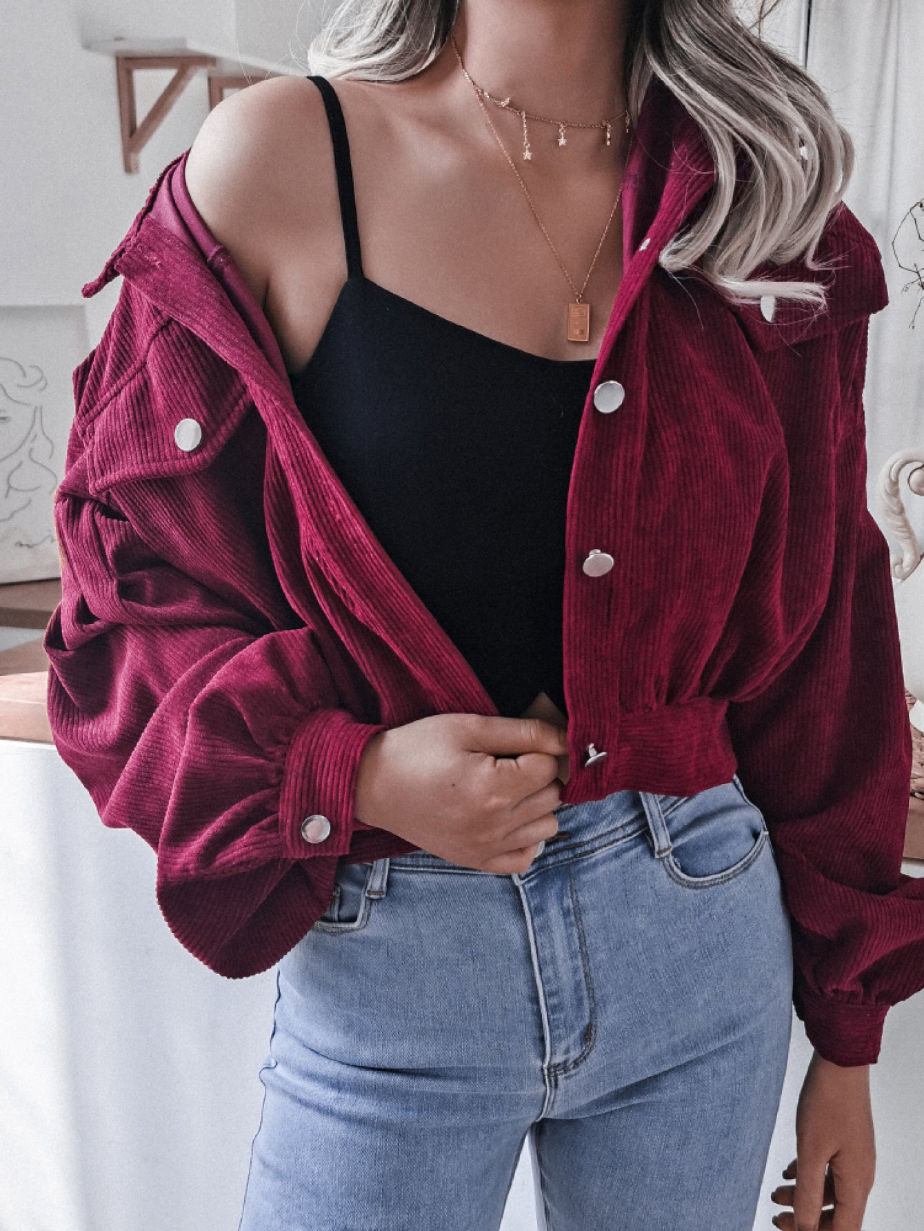 fbc20193b489477c8ae65b1f426620cf-Max Lantern Sleeve Cropped Corduroy Jacket - Image 9