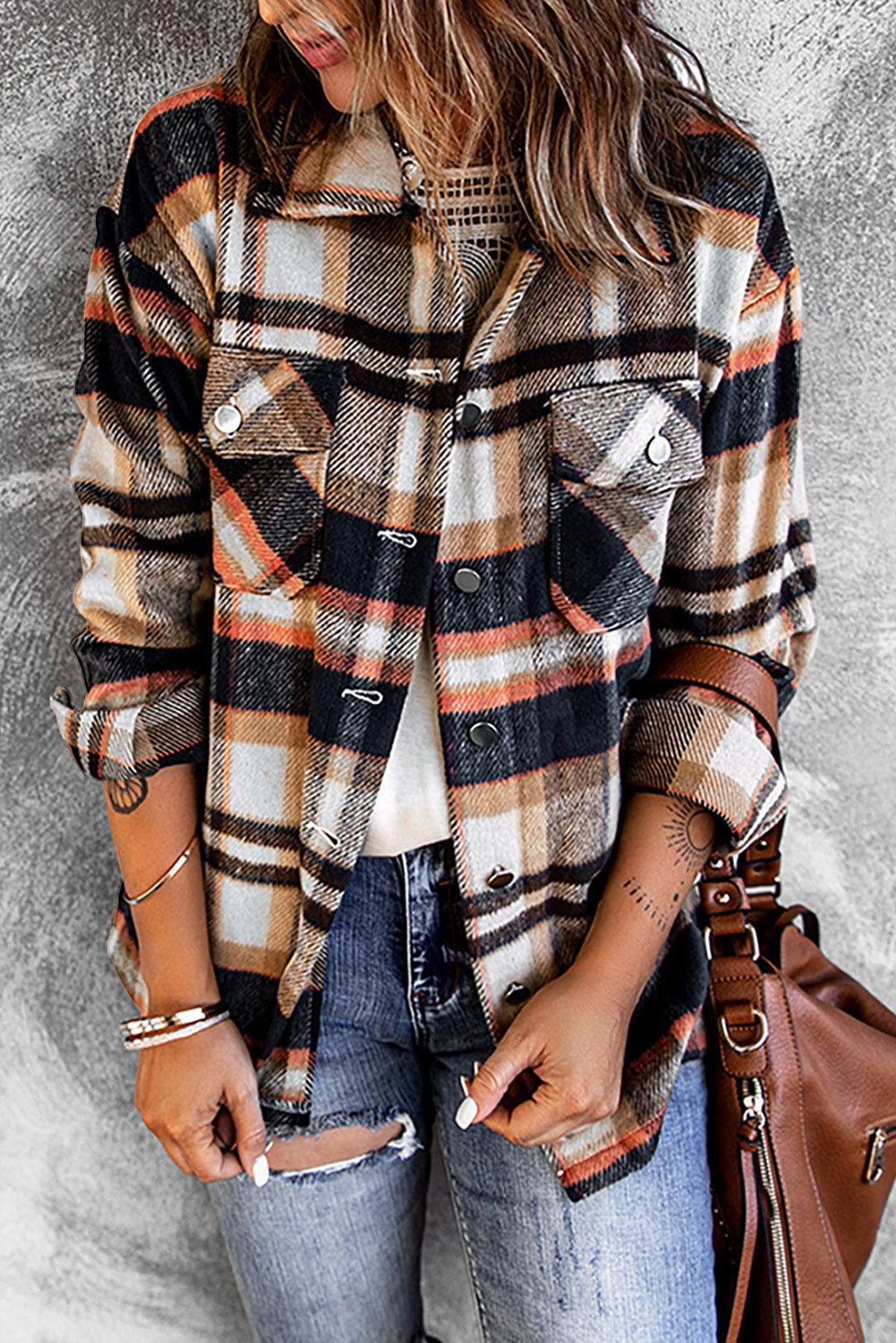 fd56f2a69aea493b998608f615f3bd36-Max Plaid Button Front Shirt Jacket with Breast Pockets